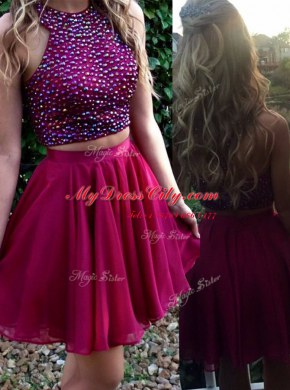 New Arrival Scoop Mini Length A-line Sleeveless Fuchsia Dress for Prom Zipper