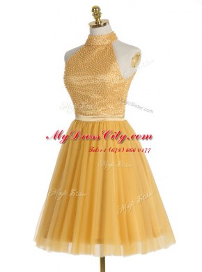 Mini Length A-line Sleeveless Gold Prom Dress Zipper