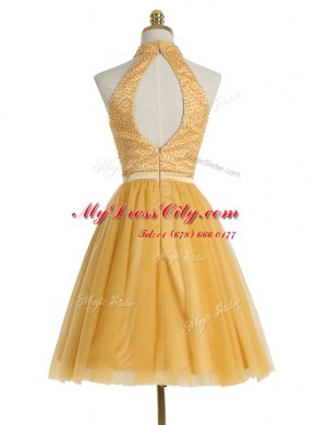 Mini Length A-line Sleeveless Gold Prom Dress Zipper