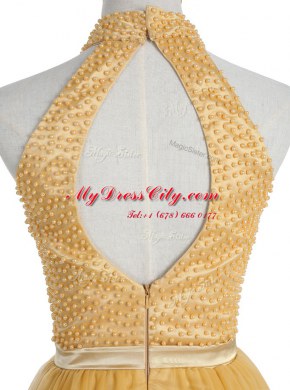 Mini Length A-line Sleeveless Gold Prom Dress Zipper