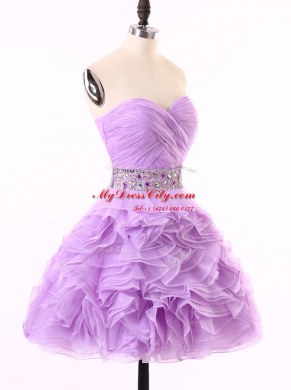 Fantastic Lavender Organza Zipper Sweetheart Sleeveless Mini Length Prom Dresses Beading and Ruching