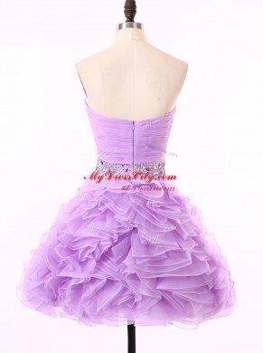Fantastic Lavender Organza Zipper Sweetheart Sleeveless Mini Length Prom Dresses Beading and Ruching