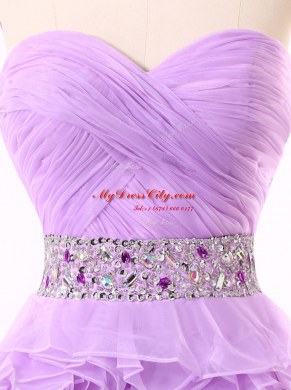 Fantastic Lavender Organza Zipper Sweetheart Sleeveless Mini Length Prom Dresses Beading and Ruching