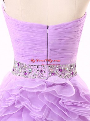 Fantastic Lavender Organza Zipper Sweetheart Sleeveless Mini Length Prom Dresses Beading and Ruching