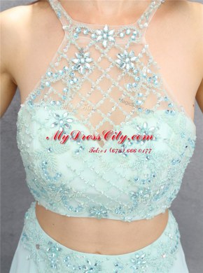 Halter Top Sleeveless Floor Length Beading Zipper Homecoming Dress with Light Blue