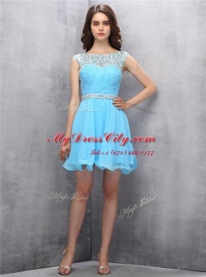 Baby Blue Scoop Neckline Beading Prom Dresses Sleeveless Zipper