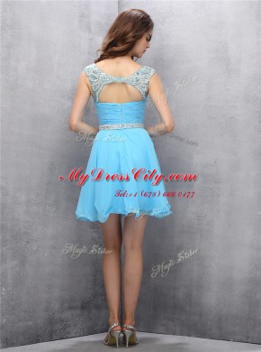 Baby Blue Scoop Neckline Beading Prom Dresses Sleeveless Zipper