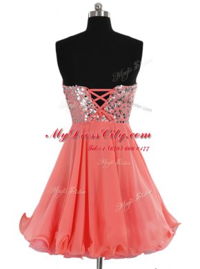 Best Selling Mini Length Lace Up Watermelon Red for Prom and Party with Beading