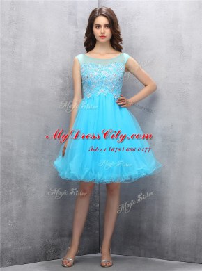 Wonderful Scoop Blue Sleeveless Beading and Appliques Knee Length Prom Dresses