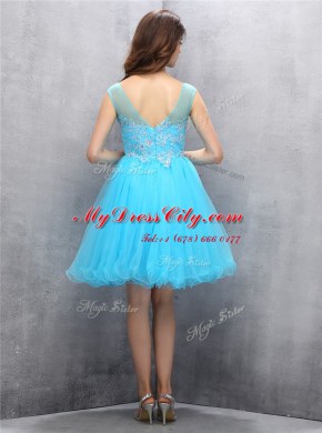 Wonderful Scoop Blue Sleeveless Beading and Appliques Knee Length Prom Dresses