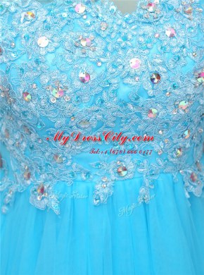 Wonderful Scoop Blue Sleeveless Beading and Appliques Knee Length Prom Dresses