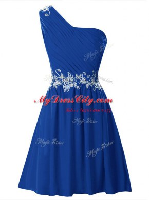 Stylish One Shoulder Royal Blue Sleeveless Appliques and Ruffles Mini Length Prom Gown
