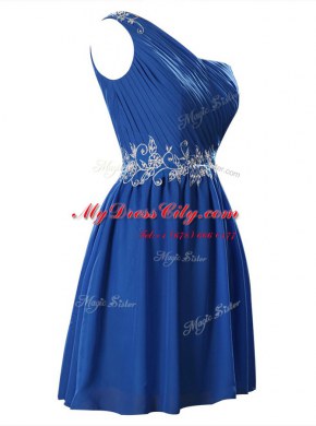 Stylish One Shoulder Royal Blue Sleeveless Appliques and Ruffles Mini Length Prom Gown