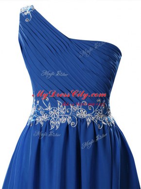 Stylish One Shoulder Royal Blue Sleeveless Appliques and Ruffles Mini Length Prom Gown