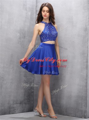 Clearance Royal Blue Chiffon Zipper Halter Top Sleeveless Mini Length Prom Gown Beading