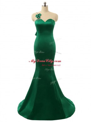Mermaid Scoop Sleeveless Sweep Train Zipper Beading and Bowknot and Hand Made Flower Prom Dresses