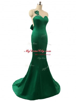 Mermaid Scoop Sleeveless Sweep Train Zipper Beading and Bowknot and Hand Made Flower Prom Dresses
