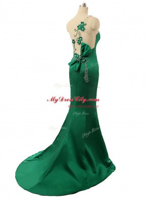 Mermaid Scoop Sleeveless Sweep Train Zipper Beading and Bowknot and Hand Made Flower Prom Dresses
