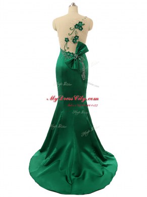 Mermaid Scoop Sleeveless Sweep Train Zipper Beading and Bowknot and Hand Made Flower Prom Dresses
