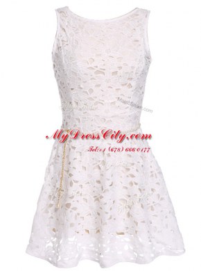 A-line Evening Dress White Scoop Lace Sleeveless Mini Length Zipper