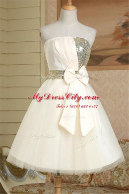 Dazzling Champagne A-line Satin Strapless Sleeveless Sequins and Bowknot Mini Length Lace Up