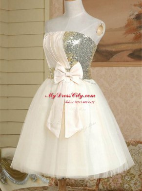 Dazzling Champagne A-line Satin Strapless Sleeveless Sequins and Bowknot Mini Length Lace Up