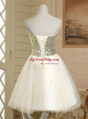 Dazzling Champagne A-line Satin Strapless Sleeveless Sequins and Bowknot Mini Length Lace Up