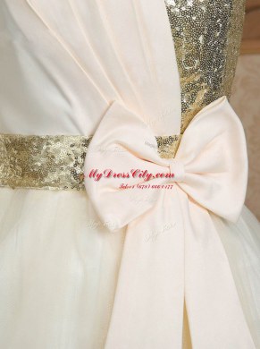 Dazzling Champagne A-line Satin Strapless Sleeveless Sequins and Bowknot Mini Length Lace Up