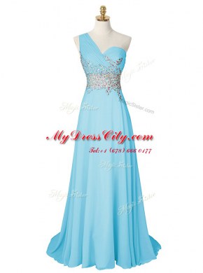 With Train Aqua Blue Evening Dress One Shoulder Sleeveless Brush Train Side Zipper