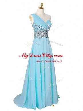 With Train Aqua Blue Evening Dress One Shoulder Sleeveless Brush Train Side Zipper