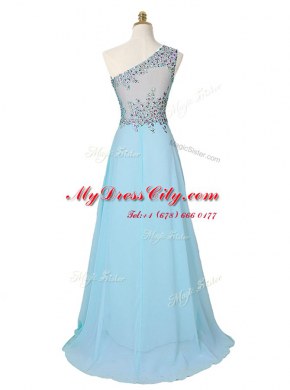 With Train Aqua Blue Evening Dress One Shoulder Sleeveless Brush Train Side Zipper