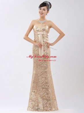 Floor Length Champagne Prom Party Dress Sequined Sleeveless Appliques and Belt