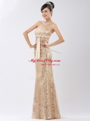 Floor Length Champagne Prom Party Dress Sequined Sleeveless Appliques and Belt