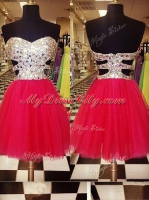 High Class Sequins Prom Gown Red Zipper Sleeveless Mini Length