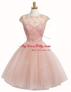 Scoop Pink Cap Sleeves Tulle Zipper Prom Dress for Prom and Party