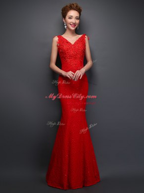 Perfect Mermaid Red Lace Lace Up Prom Evening Gown Sleeveless Floor Length Beading and Appliques