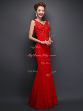 Perfect Mermaid Red Lace Lace Up Prom Evening Gown Sleeveless Floor Length Beading and Appliques