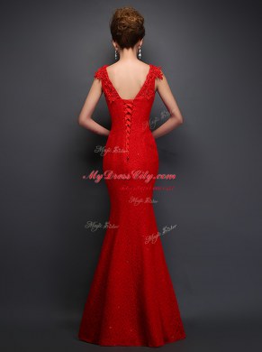 Perfect Mermaid Red Lace Lace Up Prom Evening Gown Sleeveless Floor Length Beading and Appliques