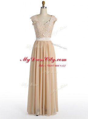 Pretty Champagne Cap Sleeves Floor Length Lace Side Zipper
