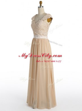 Pretty Champagne Cap Sleeves Floor Length Lace Side Zipper