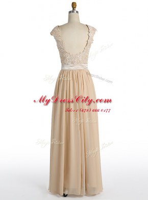 Pretty Champagne Cap Sleeves Floor Length Lace Side Zipper