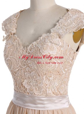 Pretty Champagne Cap Sleeves Floor Length Lace Side Zipper