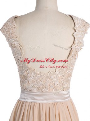 Pretty Champagne Cap Sleeves Floor Length Lace Side Zipper