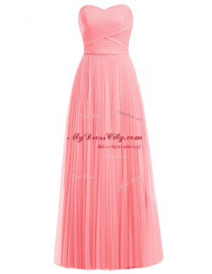Flirting Floor Length Watermelon Red and Rose Pink Prom Evening Gown Tulle Sleeveless Ruffles