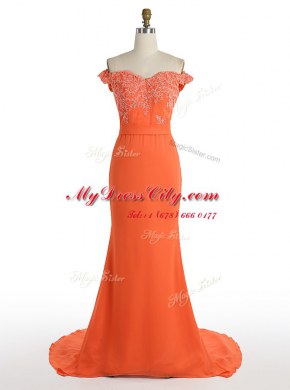 Graceful Mermaid Off the Shoulder Satin Sleeveless With Train Prom Dresses Sweep Train and Lace