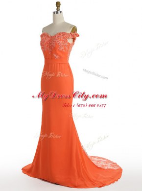 Graceful Mermaid Off the Shoulder Satin Sleeveless With Train Prom Dresses Sweep Train and Lace