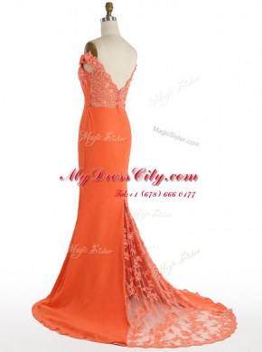 Graceful Mermaid Off the Shoulder Satin Sleeveless With Train Prom Dresses Sweep Train and Lace