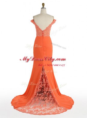 Graceful Mermaid Off the Shoulder Satin Sleeveless With Train Prom Dresses Sweep Train and Lace