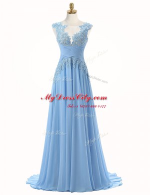 Designer Scoop Sleeveless Brush Train Appliques Zipper Prom Dresses