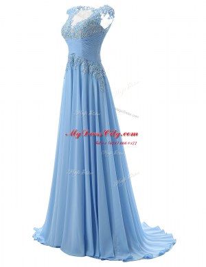 Designer Scoop Sleeveless Brush Train Appliques Zipper Prom Dresses